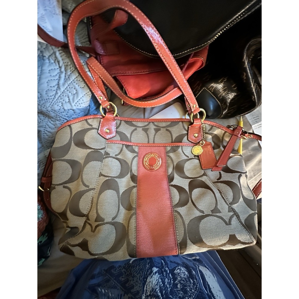 Coach Signature Sea Striped Tote With Orange Leather Trim, And Handles